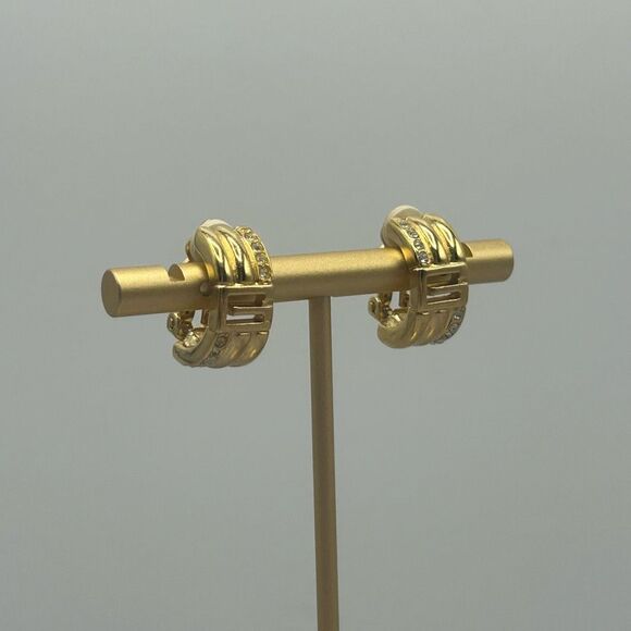 Givenchy Gold Tone Half Hoops Clip On Earrings Rhinestones Elegant G Logo - Picture 3 of 9